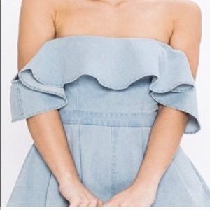 Denim off the shoulder romper.